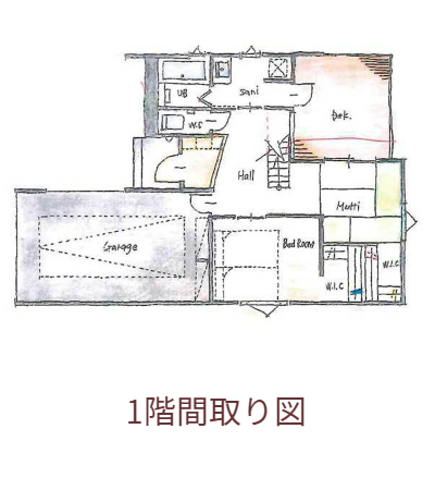 すまいポート21水戸・つくば　「ビルトインガレージのある家」の設計コンペの実例A家全体がフレキシブルプランの1階間取り図